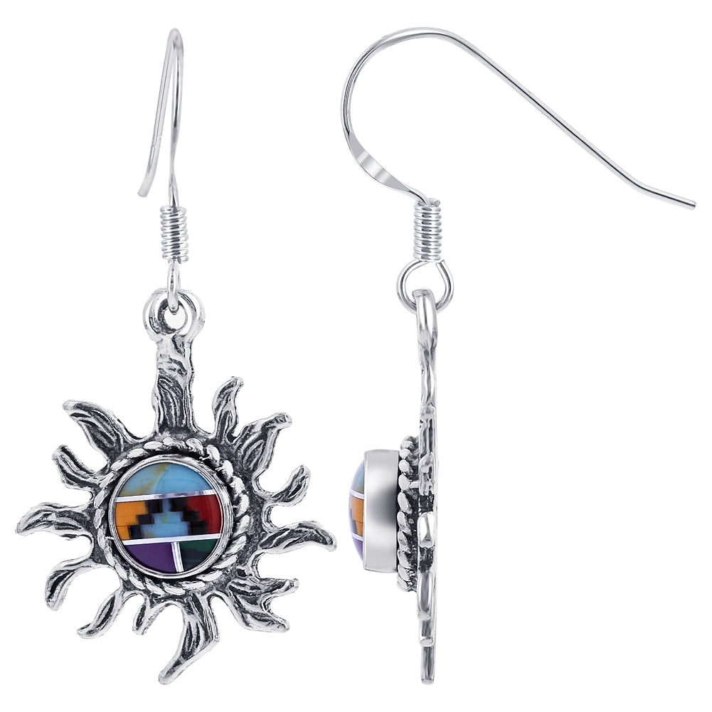 Multistone Sun Design Concho Drop Earrings 1.5 Inch Long with .925 Sterling Silver