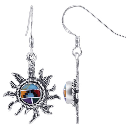 Multistone Sun Design Concho Drop Earrings 1.5 Inch Long with .925 Sterling Silver