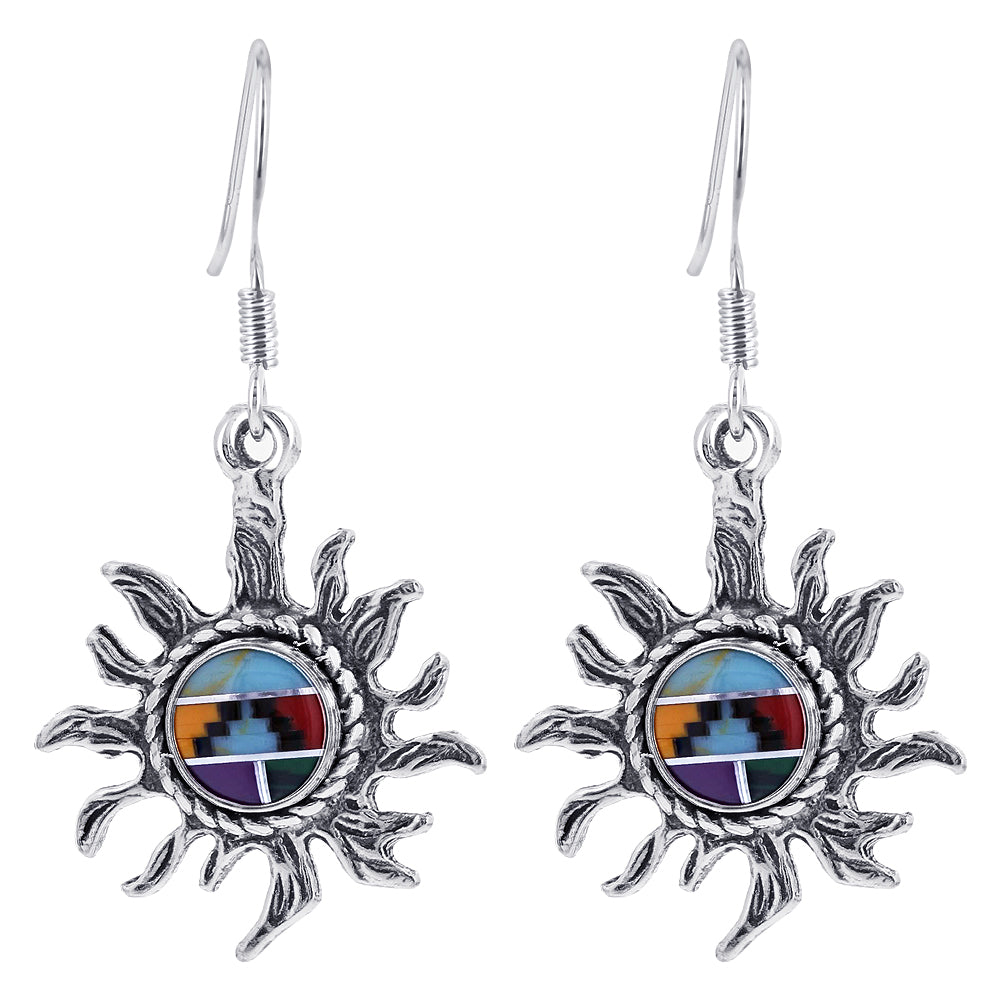Multistone Sun Design Concho Drop Earrings 1.5 Inch Long with .925 Sterling Silver