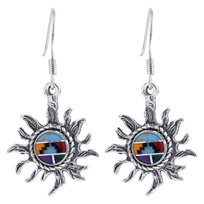 Multistone Sun Design Concho Drop Earrings 1.5 Inch Long with .925 Sterling Silver