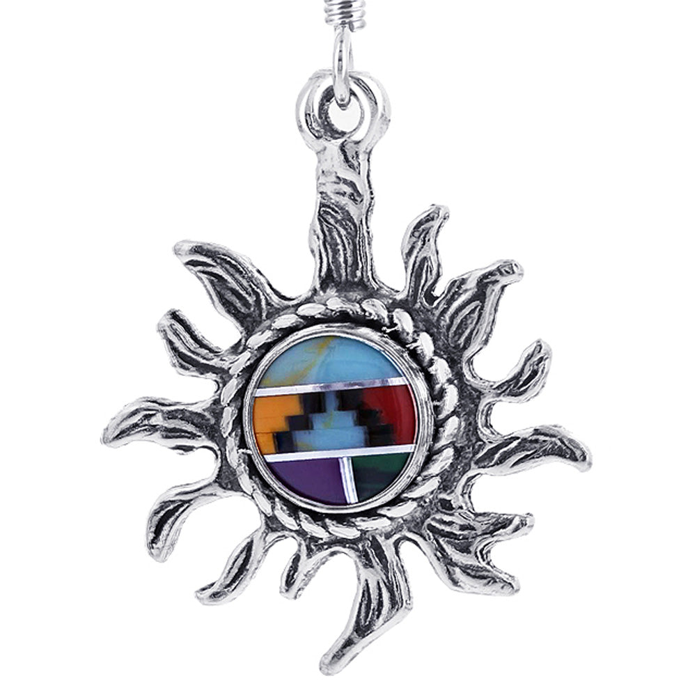 Multistone Sun Design Concho Drop Earrings 1.5 Inch Long with .925 Sterling Silver