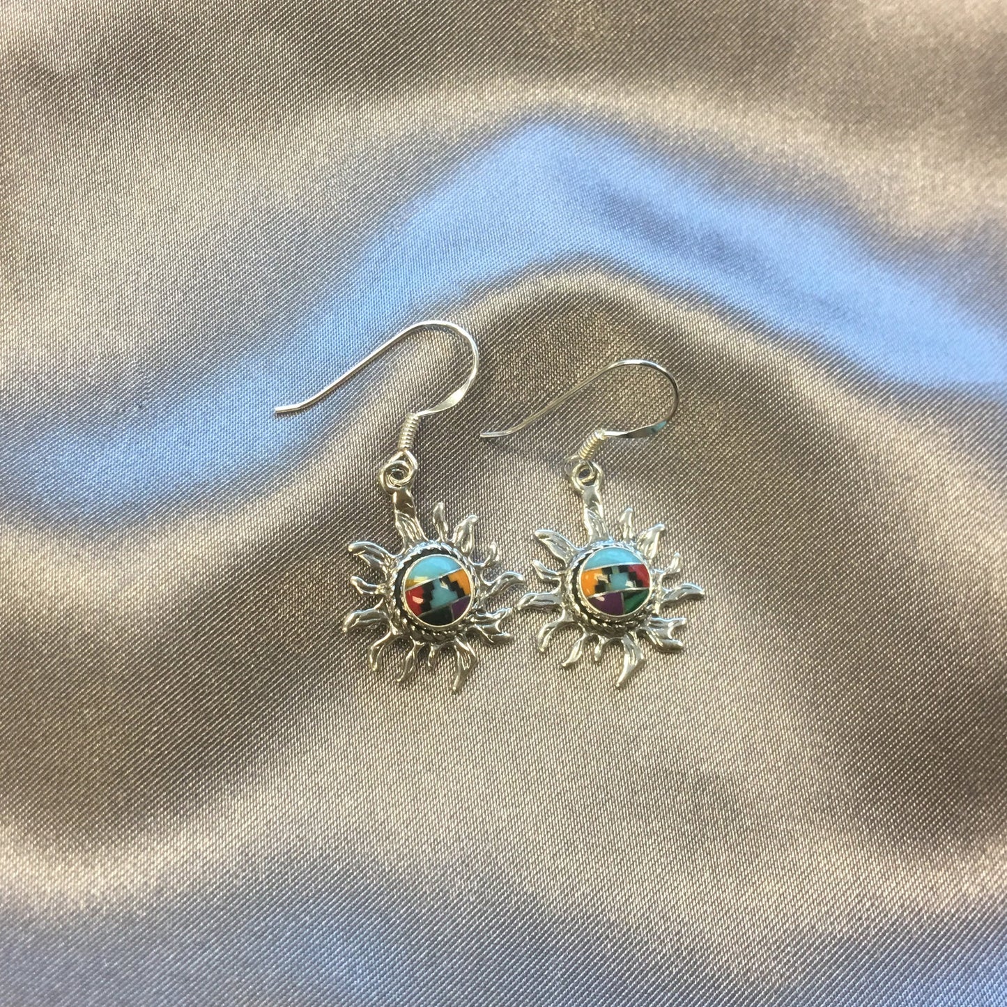 Multistone Sun Design Concho Drop Earrings 1.5 Inch Long with .925 Sterling Silver