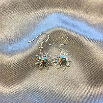 Multistone Sun Design Concho Drop Earrings 1.5 Inch Long with .925 Sterling Silver