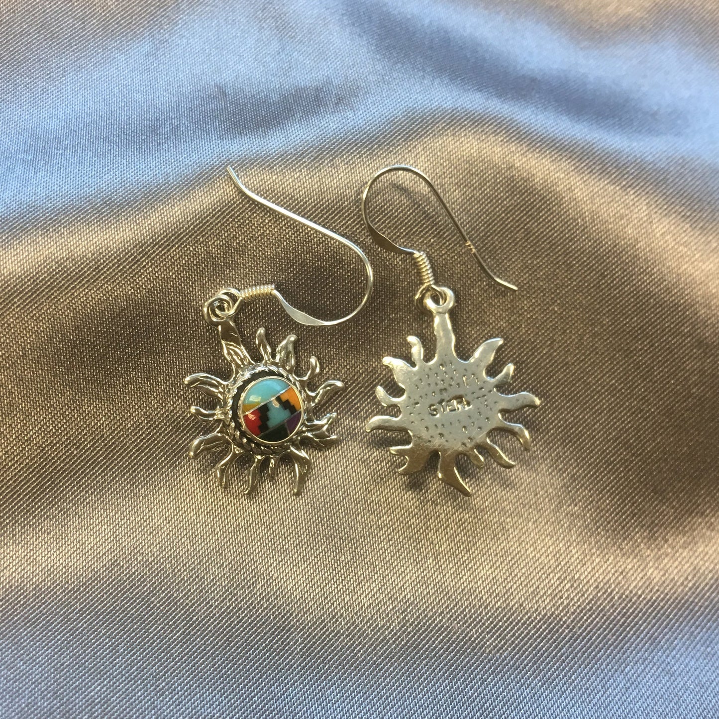 Multistone Sun Design Concho Drop Earrings 1.5 Inch Long with .925 Sterling Silver