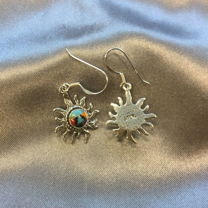 Multistone Sun Design Concho Drop Earrings 1.5 Inch Long with .925 Sterling Silver