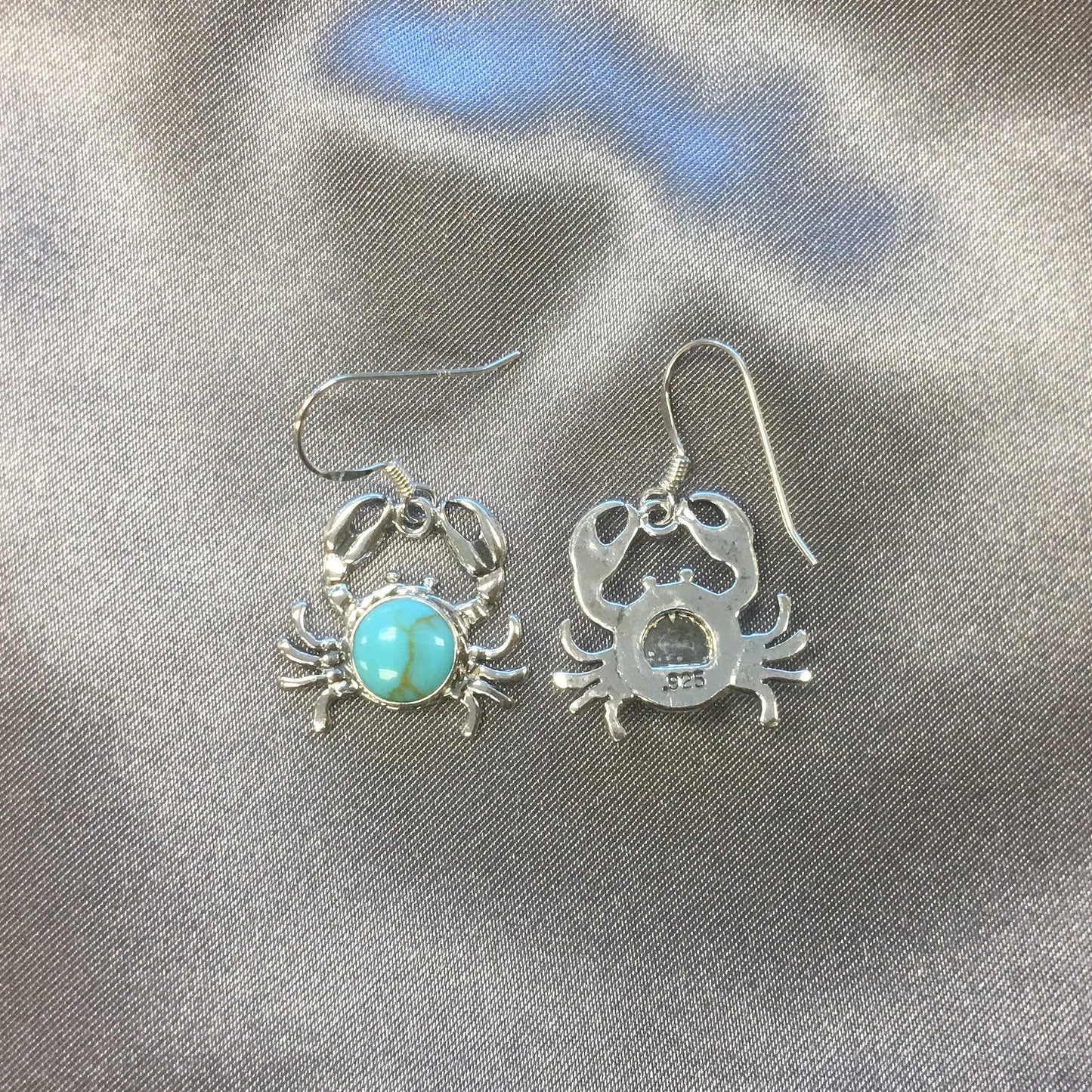 Round Simulated Turquoise Sea Life Crab Drop Earrings with .925 Sterling Silver