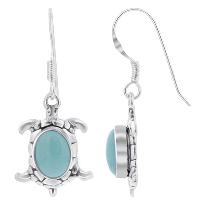 Oval Simulated Turquoise Turtle 34x13mm Drop Earrings with .925 Sterling Silver