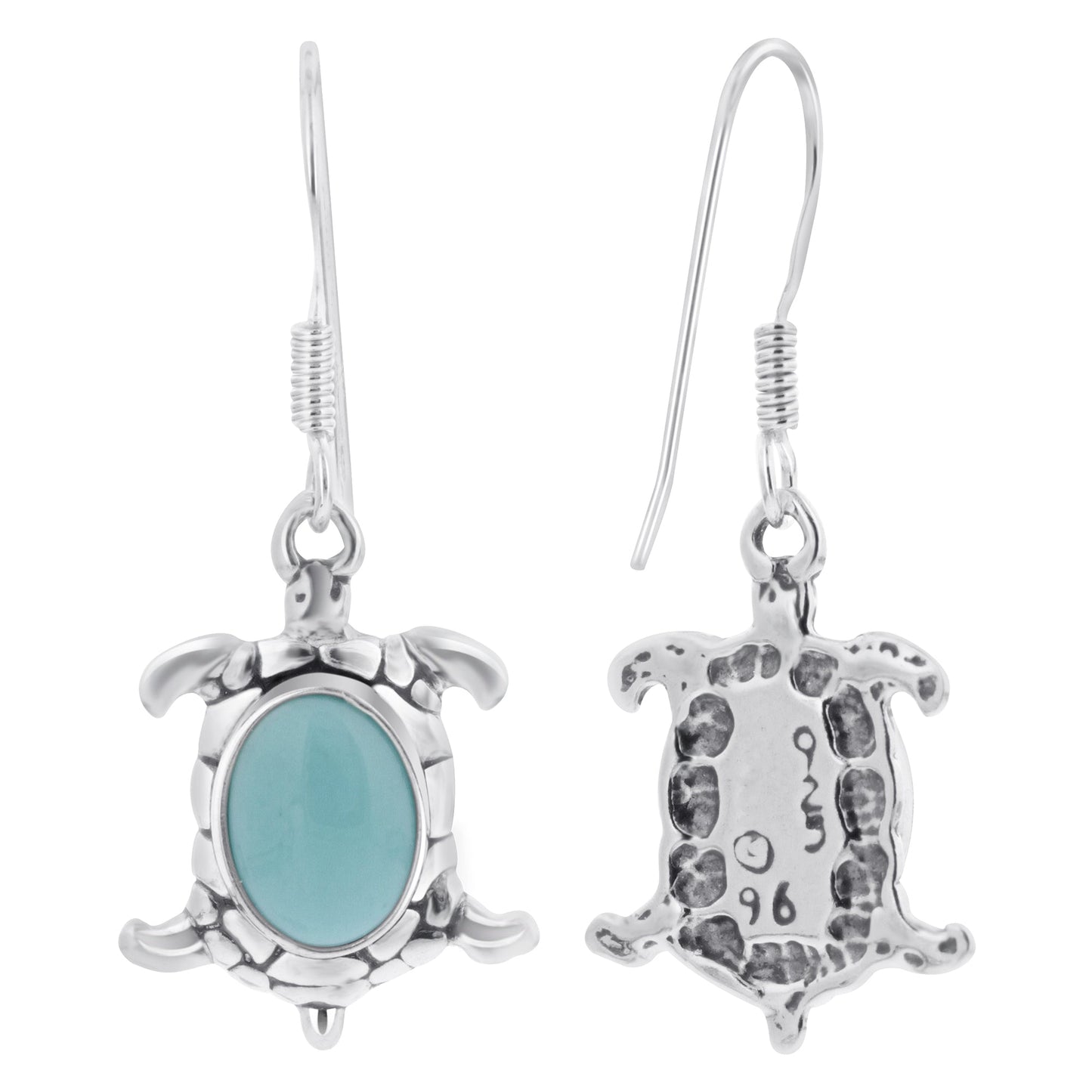 Oval Simulated Turquoise Turtle 34x13mm Drop Earrings with .925 Sterling Silver