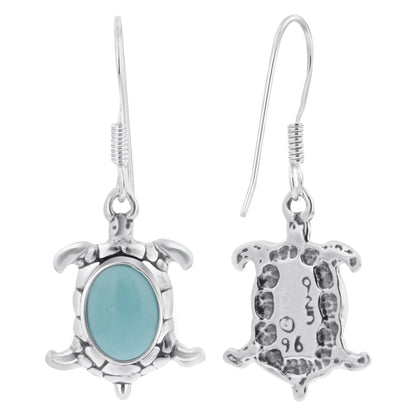 Oval Simulated Turquoise Turtle 34x13mm Drop Earrings with .925 Sterling Silver
