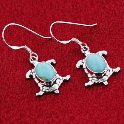 Oval Simulated Turquoise Turtle 34x13mm Drop Earrings with .925 Sterling Silver