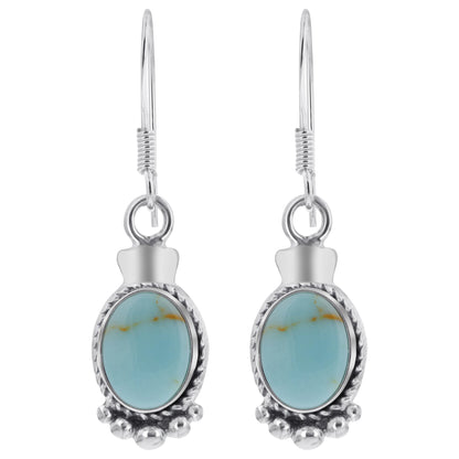 Oval Simulated Turquoise Drop Earrings 32x10mm Bali Design 925 Sterling Silver