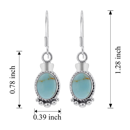 Oval Simulated Turquoise Drop Earrings 32x10mm Bali Design 925 Sterling Silver