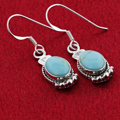 Oval Simulated Turquoise Drop Earrings 32x10mm Bali Design 925 Sterling Silver