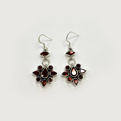 Garnet Gemstone Bali Design Drop Earrings with .925 Sterling Silver