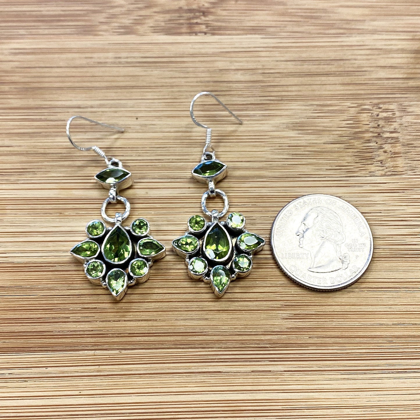 Peridot Gemstone Bali Design Drop Earrings with .925 Sterling Silver