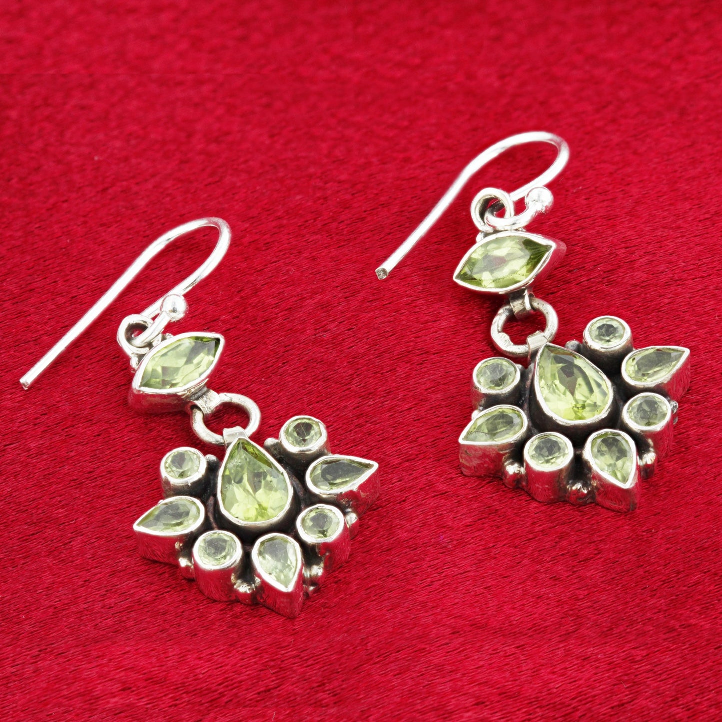 Peridot Gemstone Bali Design Drop Earrings with .925 Sterling Silver