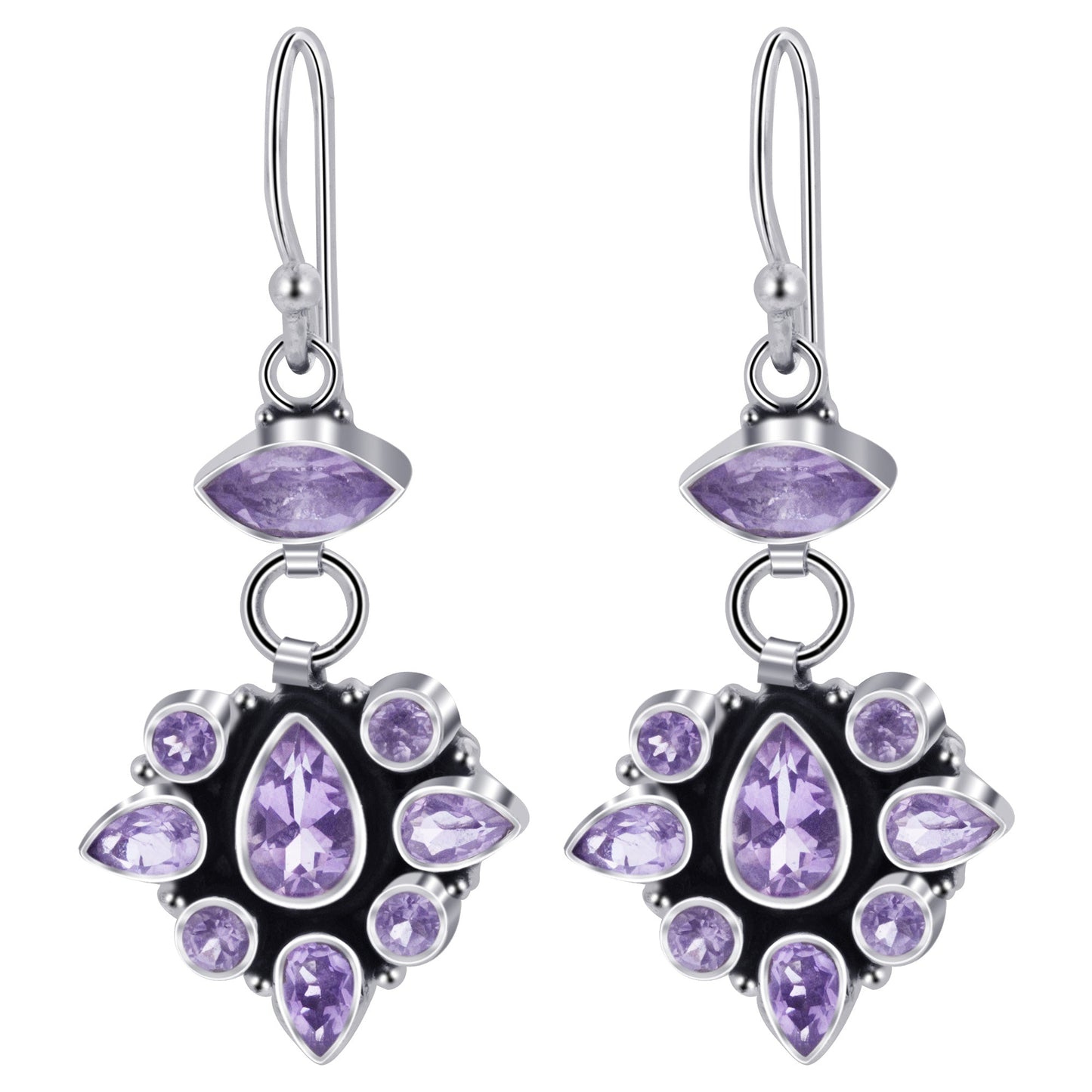 Amethyst Gemstone Bali Design Drop Earrings with .925 Sterling Silver