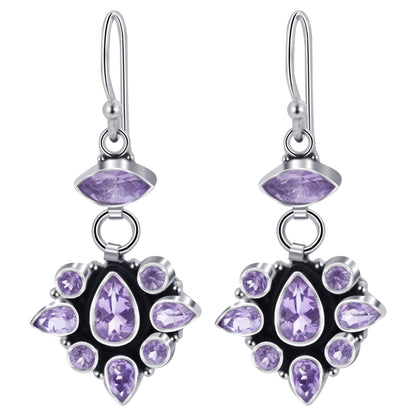 Amethyst Gemstone Bali Design Drop Earrings with .925 Sterling Silver