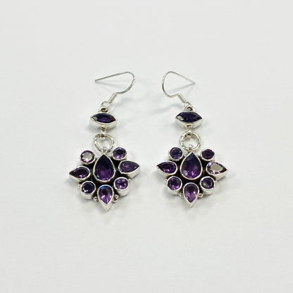 Amethyst Gemstone Bali Design Drop Earrings with .925 Sterling Silver