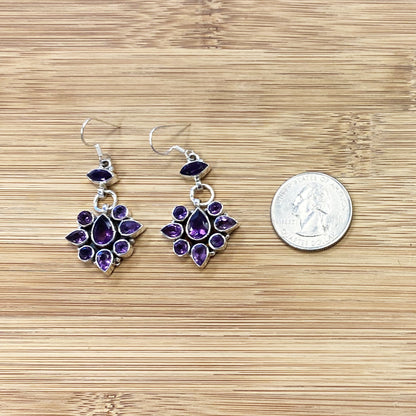 Amethyst Gemstone Bali Design Drop Earrings with .925 Sterling Silver
