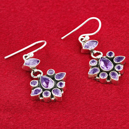 Amethyst Gemstone Bali Design Drop Earrings with .925 Sterling Silver