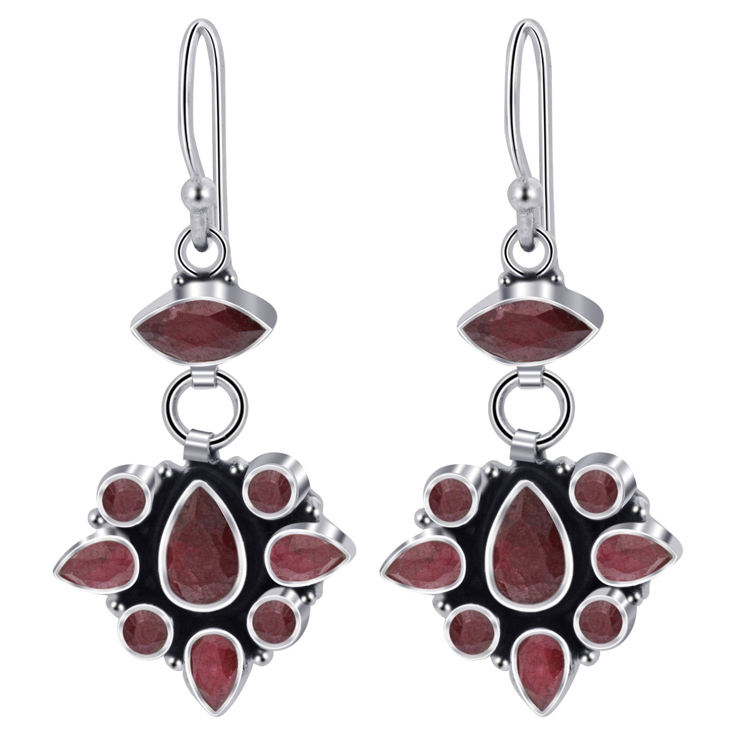 Dyed Ruby Gemstone Bali Design Drop Earrings with .925 Sterling Silver