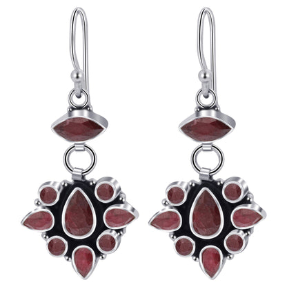 Dyed Ruby Gemstone Bali Design Drop Earrings with .925 Sterling Silver
