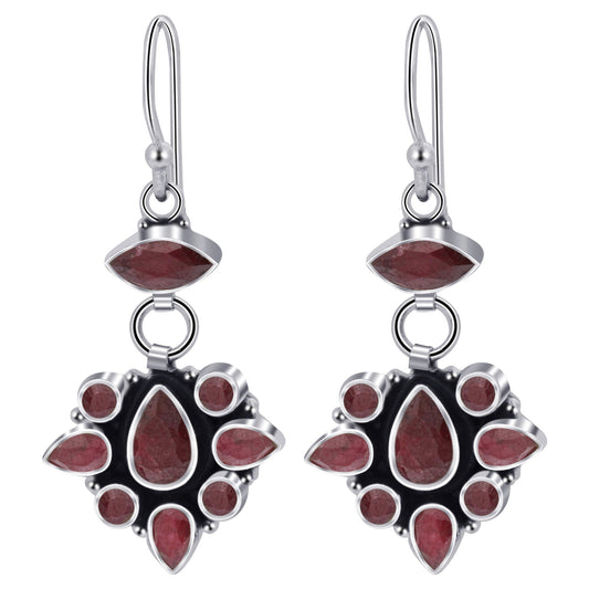 Dyed Ruby Gemstone Bali Design Drop Earrings with .925 Sterling Silver