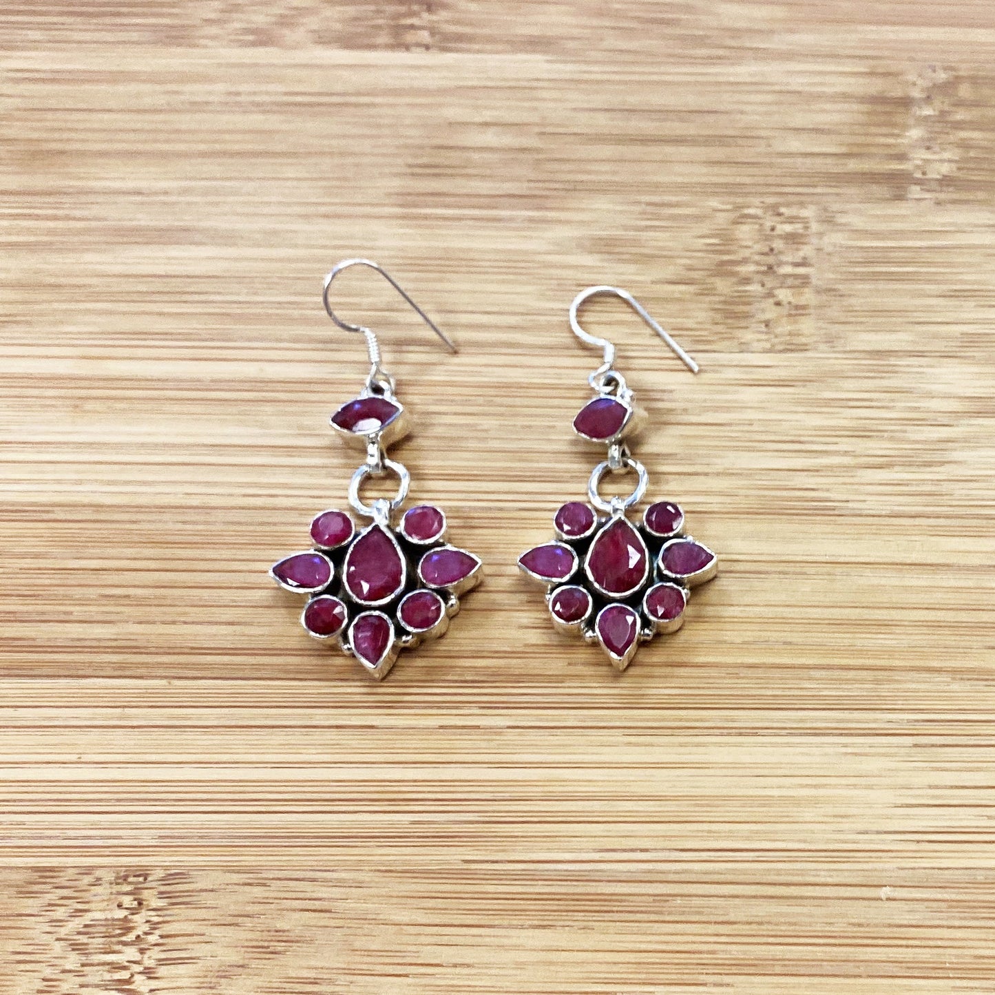 Dyed Ruby Gemstone Bali Design Drop Earrings with .925 Sterling Silver