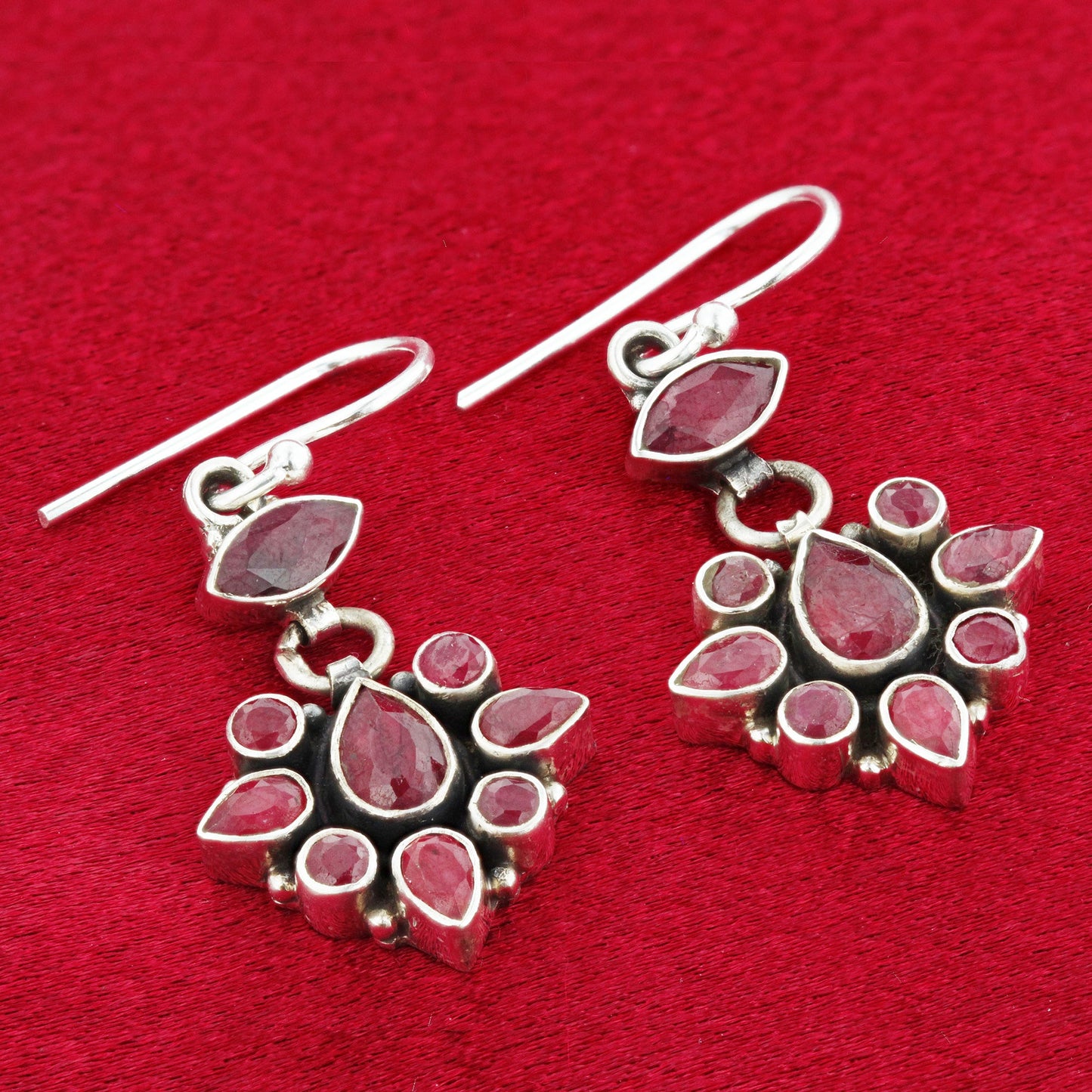 Dyed Ruby Gemstone Bali Design Drop Earrings with .925 Sterling Silver