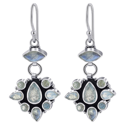 Labradorite Gemstone Bali Design Drop Earrings .925 Sterling Silver