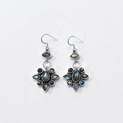 Labradorite Gemstone Bali Design Drop Earrings .925 Sterling Silver