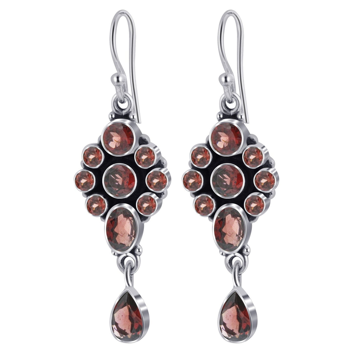 Garnet Gemstone Bali Design Sterling Silver Drop Earrings for Women-Gem Avenue Wholesale Silver