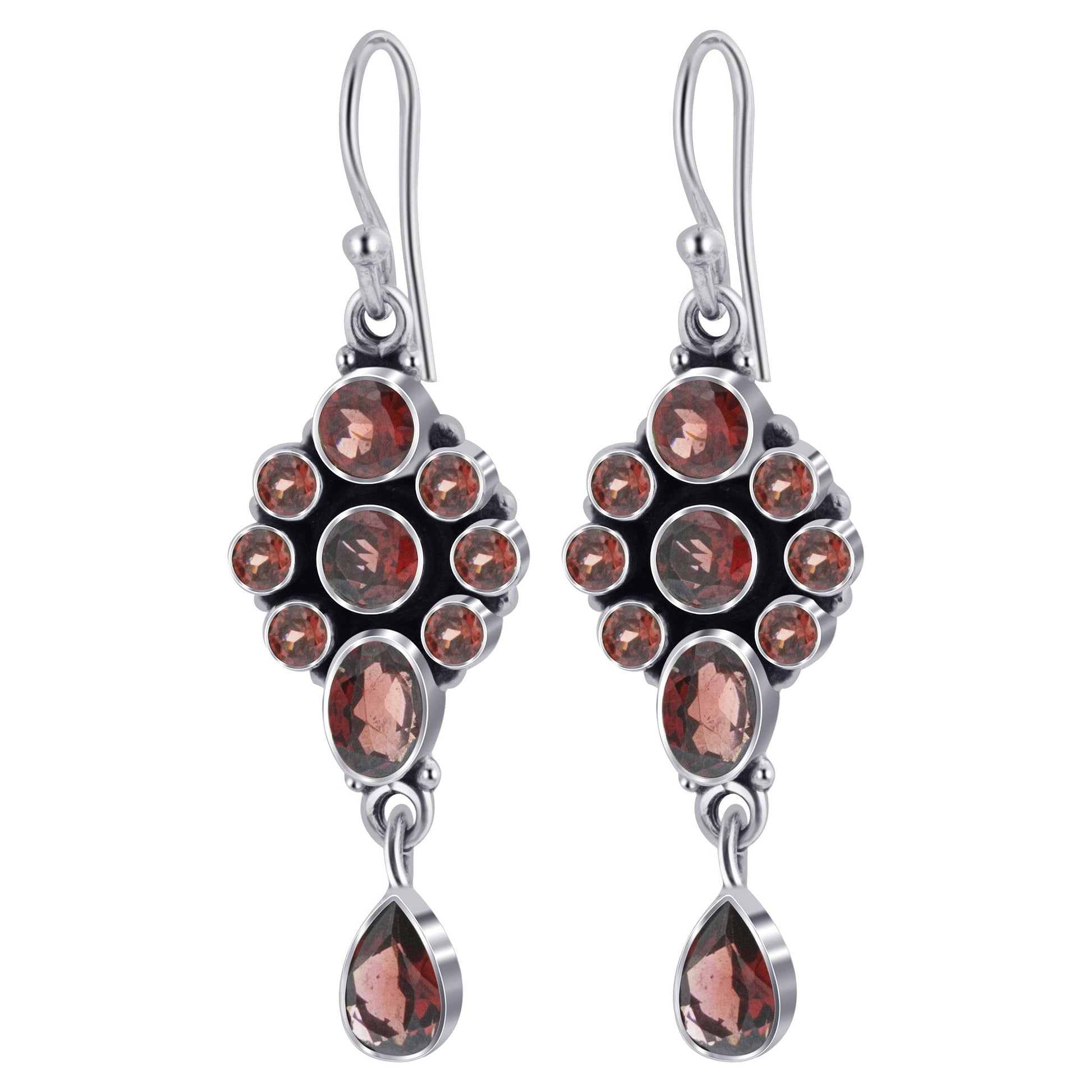 Garnet Gemstone Bali Design Sterling Silver Drop Earrings for Women-Gem Avenue Wholesale Silver