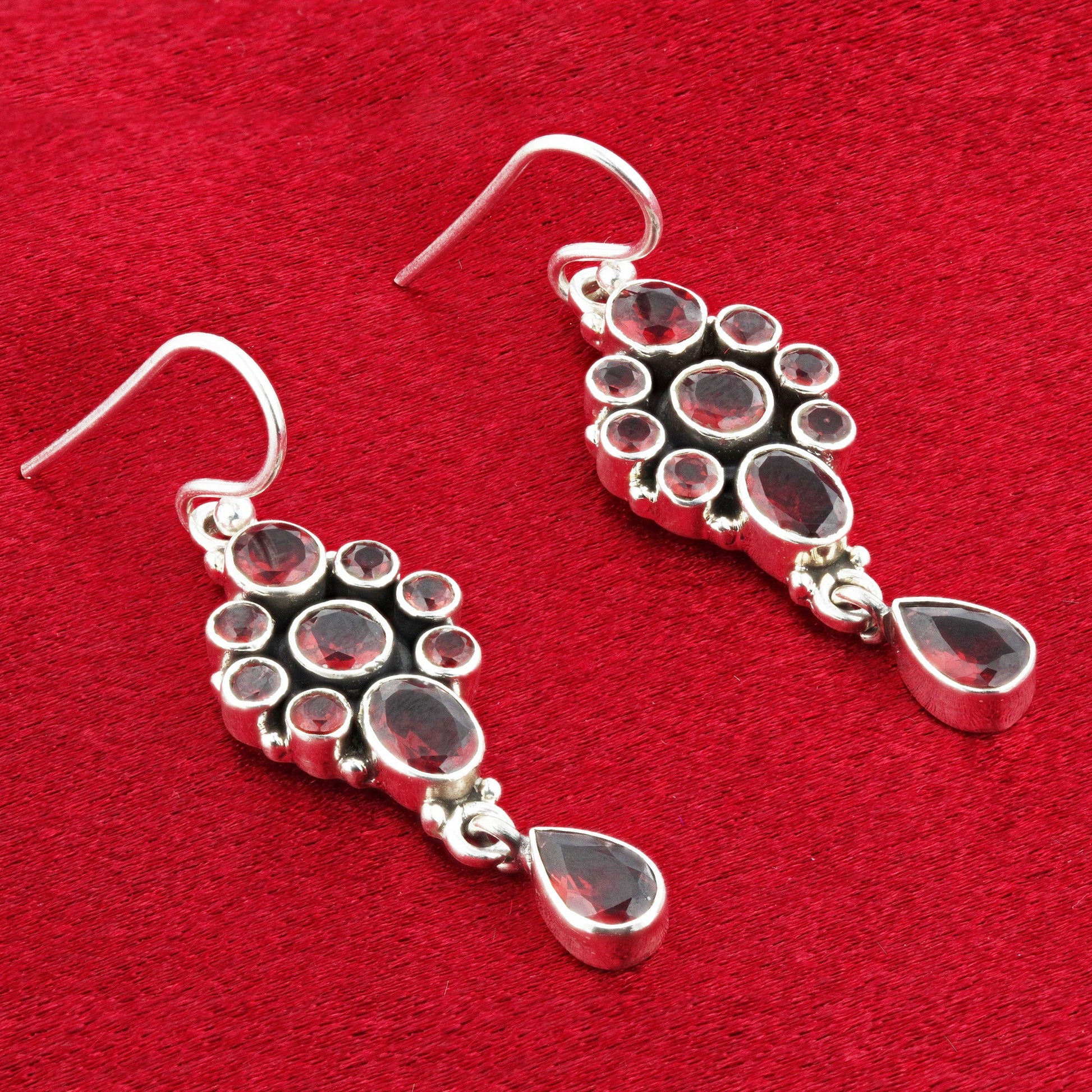 Garnet Gemstone Bali Design Sterling Silver Drop Earrings for Women-Gem Avenue Wholesale Silver