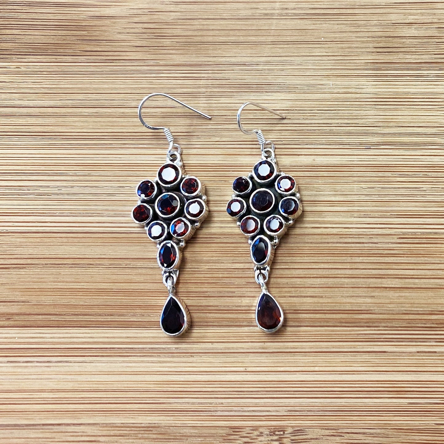 Garnet Gemstone Bali Design Sterling Silver Drop Earrings for Women-Gem Avenue Wholesale Silver