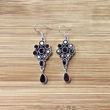 Garnet Gemstone Bali Design Sterling Silver Drop Earrings for Women-Gem Avenue Wholesale Silver