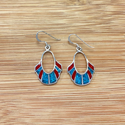 .925 Silver Hoop Shape Drop Earrings with Turquoise and Coral Inlay