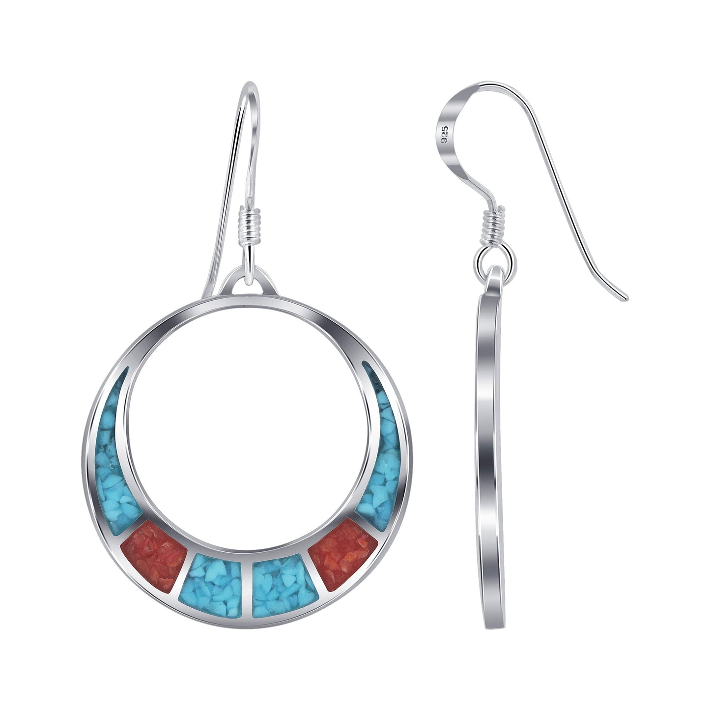 .925 Silver Hoop Shape Drop Earrings with Turquoise and Coral Inlay