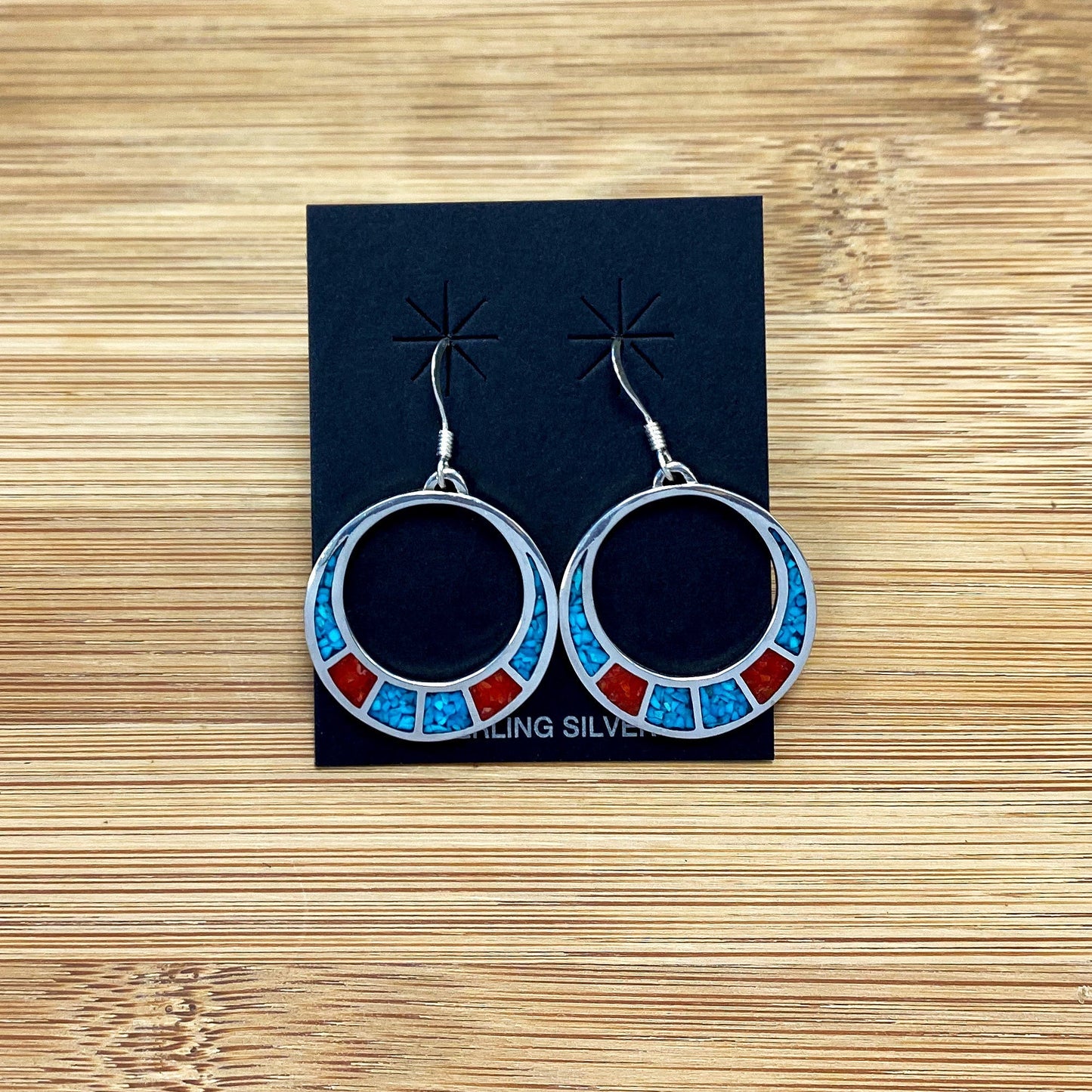 .925 Silver Hoop Shape Drop Earrings with Turquoise and Coral Inlay