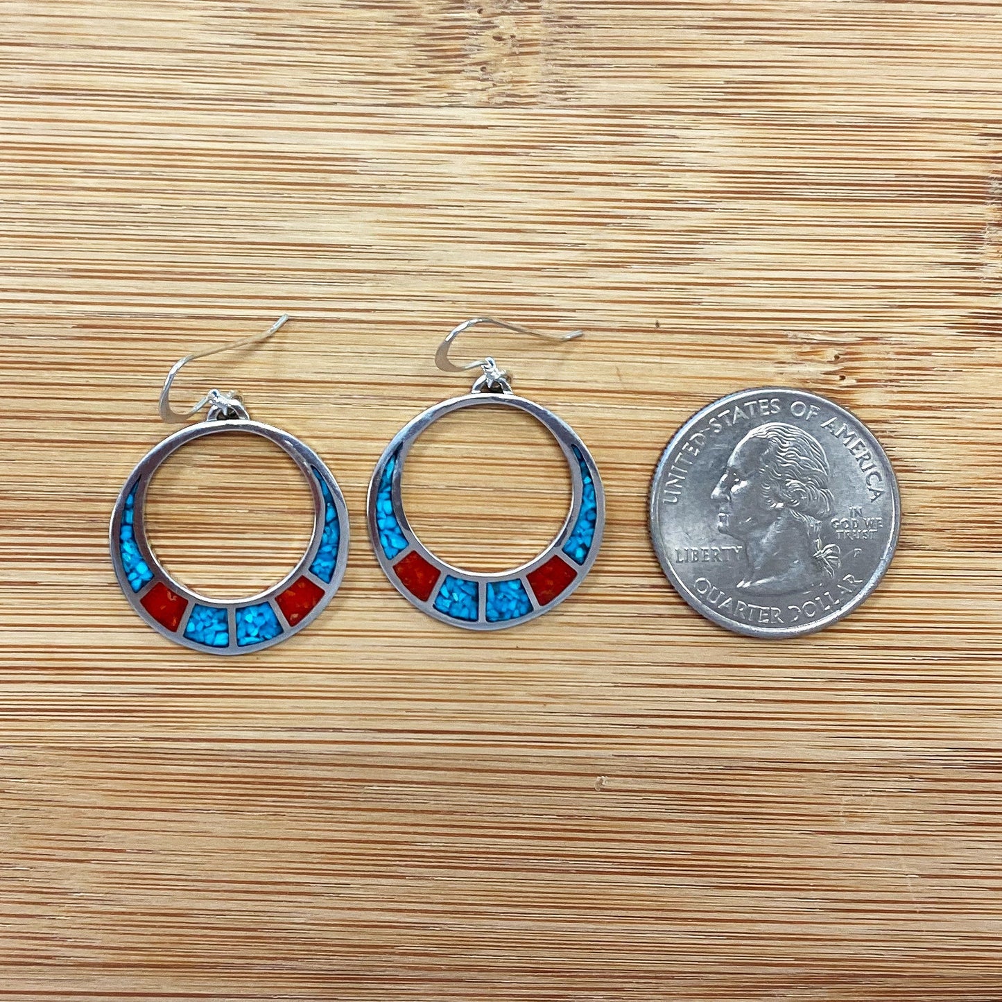 .925 Silver Hoop Shape Drop Earrings with Turquoise and Coral Inlay