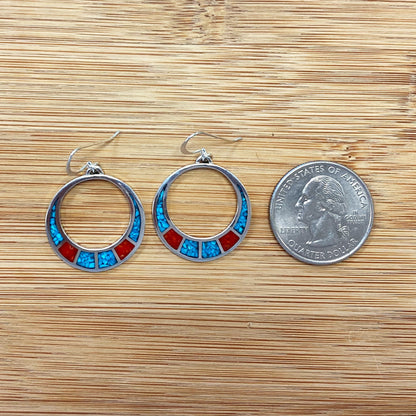 .925 Silver Hoop Shape Drop Earrings with Turquoise and Coral Inlay