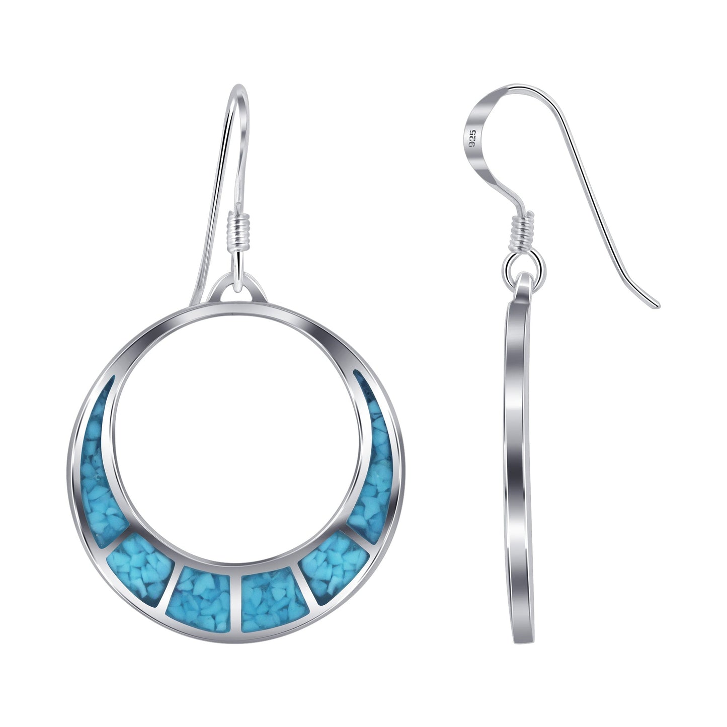.925 Silver Hoop Shape Drop Earrings with Turquoise and Coral Inlay