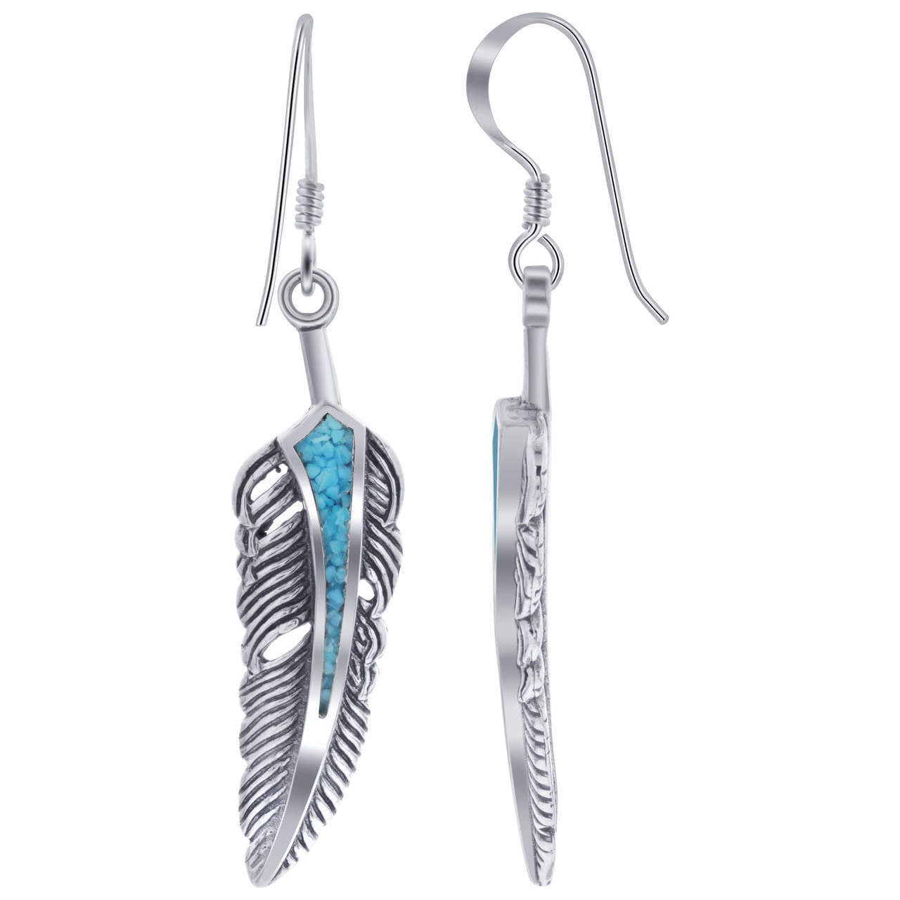 .925 Silver Hoop Shape Drop Earrings with Turquoise and Coral Inlay