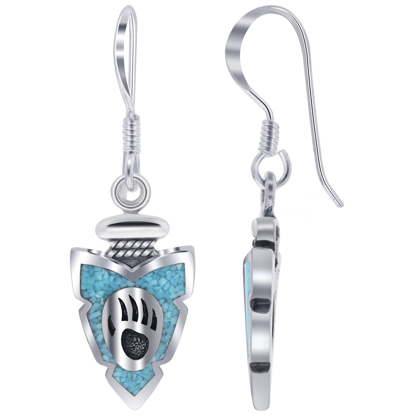 .925 Silver Hoop Shape Drop Earrings with Turquoise and Coral Inlay