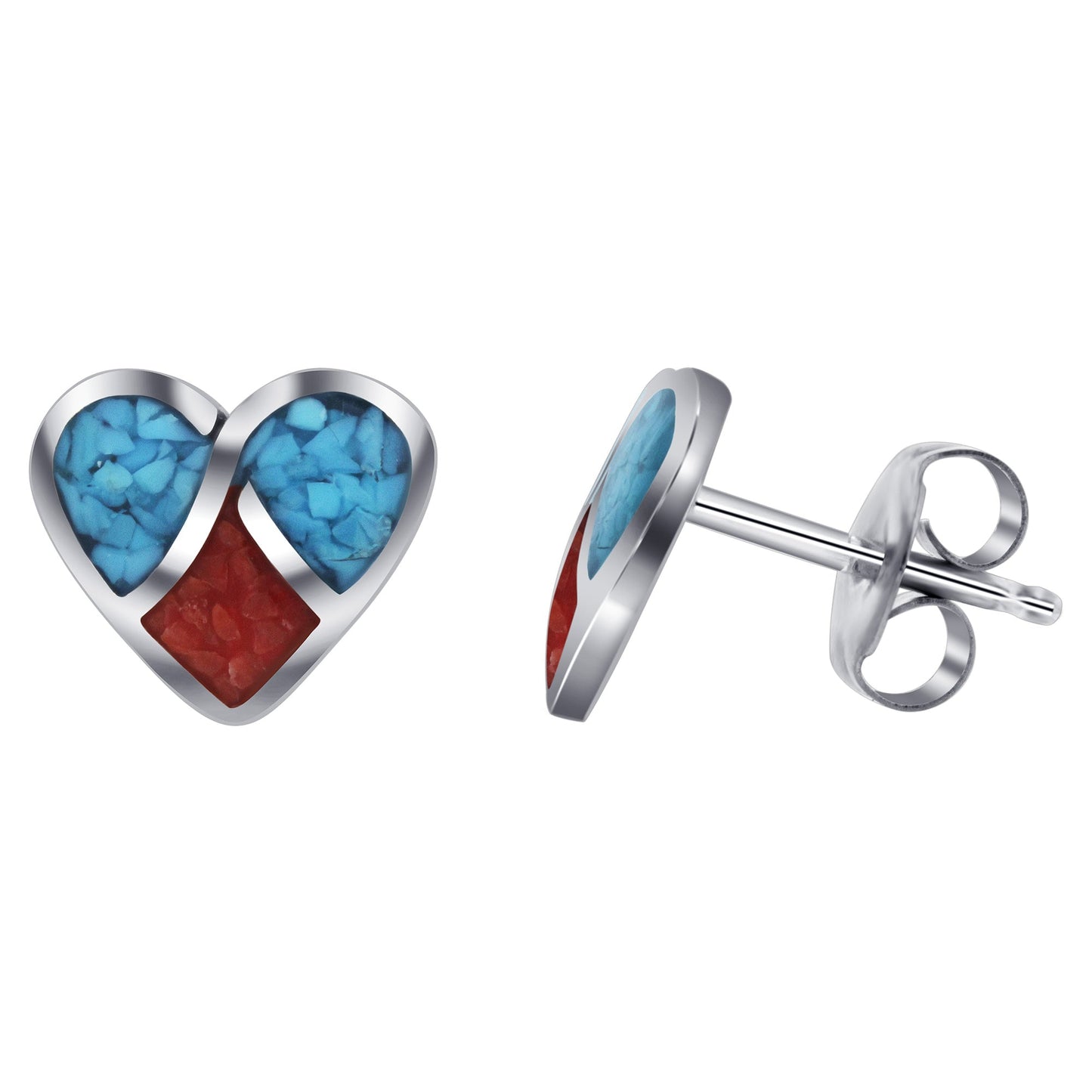 Heart Blue Turquoise Red Coral Gemstone 925 Sterling Silver Post Back Stud Earrings - Gem Avenue