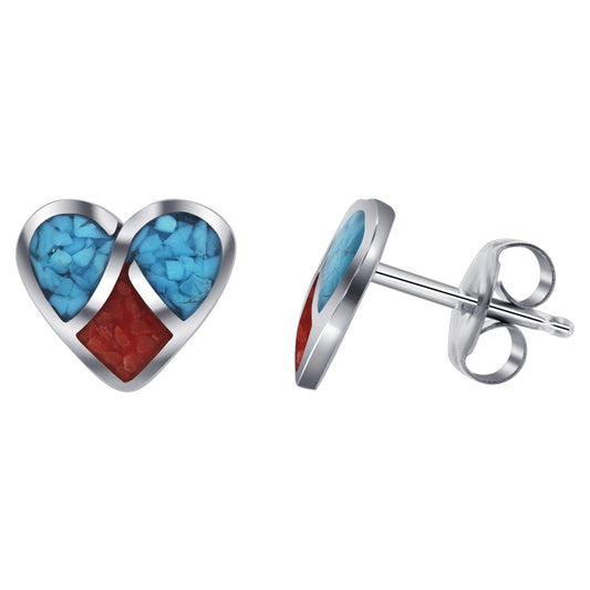 Heart Blue Turquoise Red Coral Gemstone 925 Sterling Silver Post Back Stud Earrings - Gem Avenue