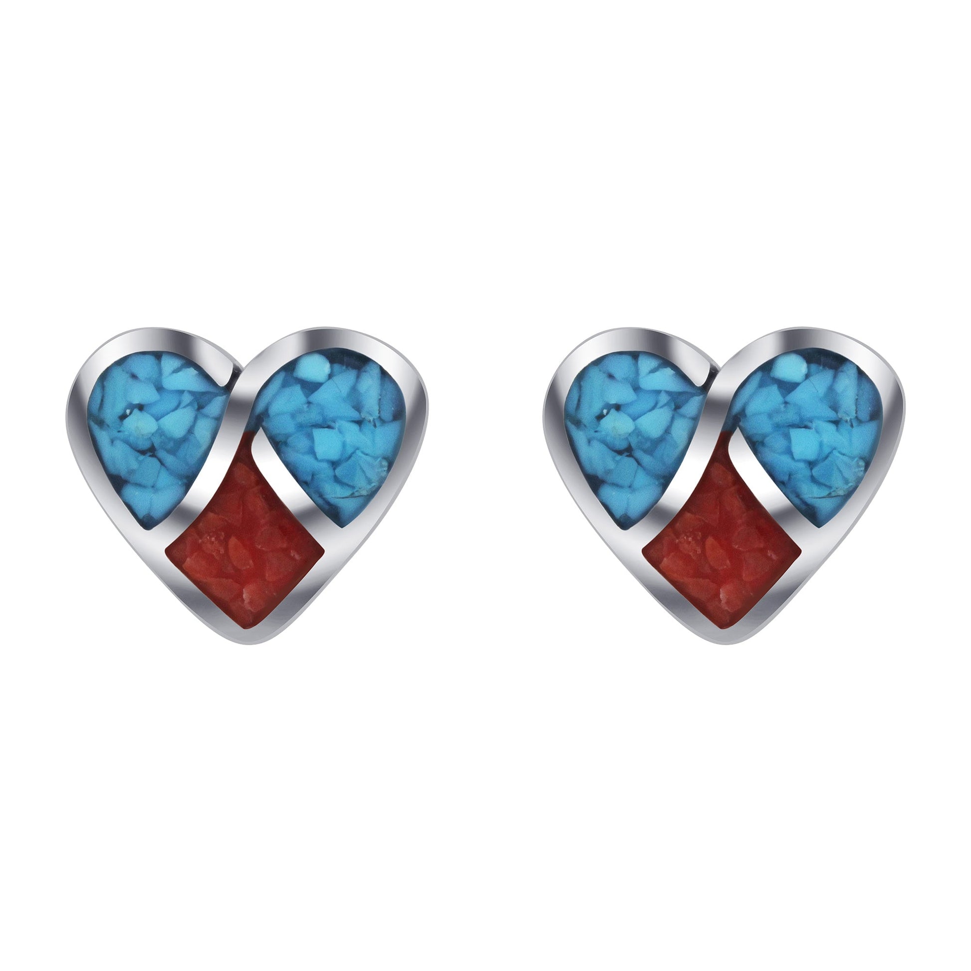 Heart Blue Turquoise Red Coral Gemstone 925 Sterling Silver Post Back Stud Earrings - Gem Avenue