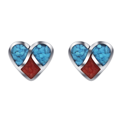 Heart Blue Turquoise Red Coral Gemstone 925 Sterling Silver Post Back Stud Earrings - Gem Avenue