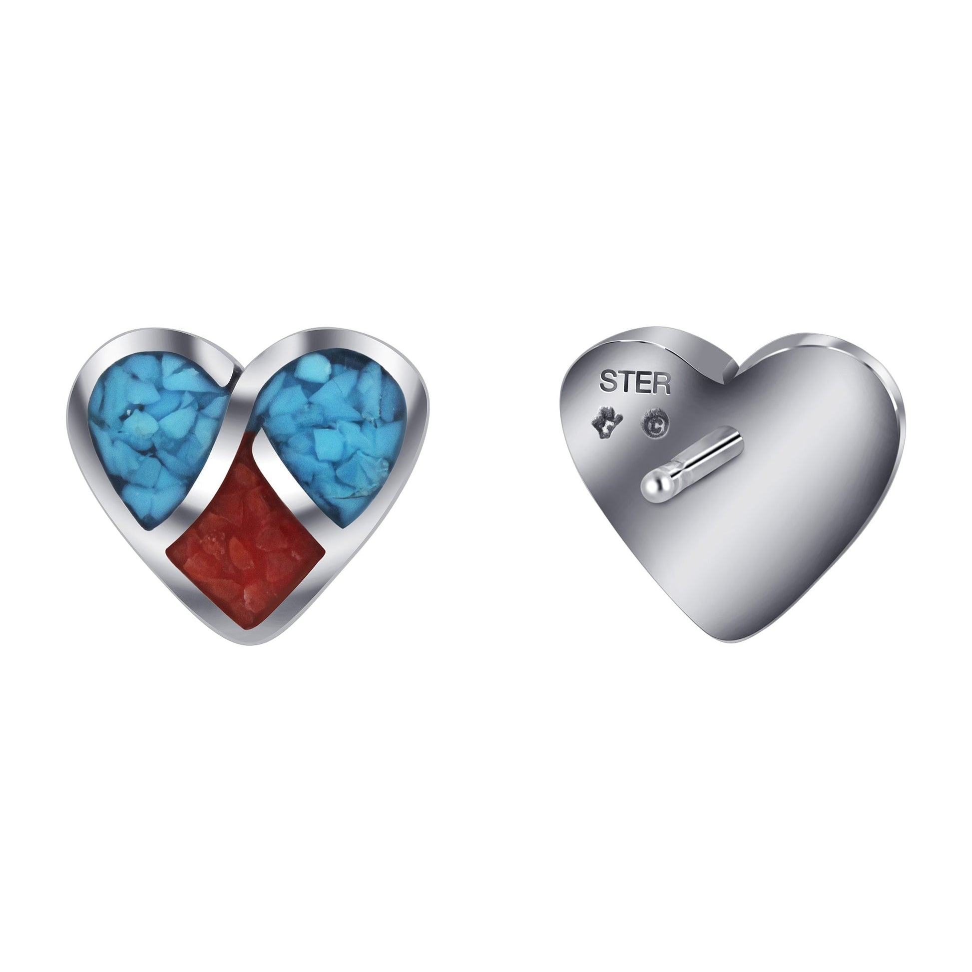 Heart Blue Turquoise Red Coral Gemstone 925 Sterling Silver Post Back Stud Earrings - Gem Avenue